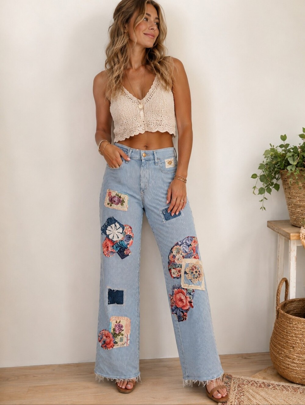 Handmade Upcycled Patchwork Stripe Jeans Boho Cottagecore Floral Crochet 10